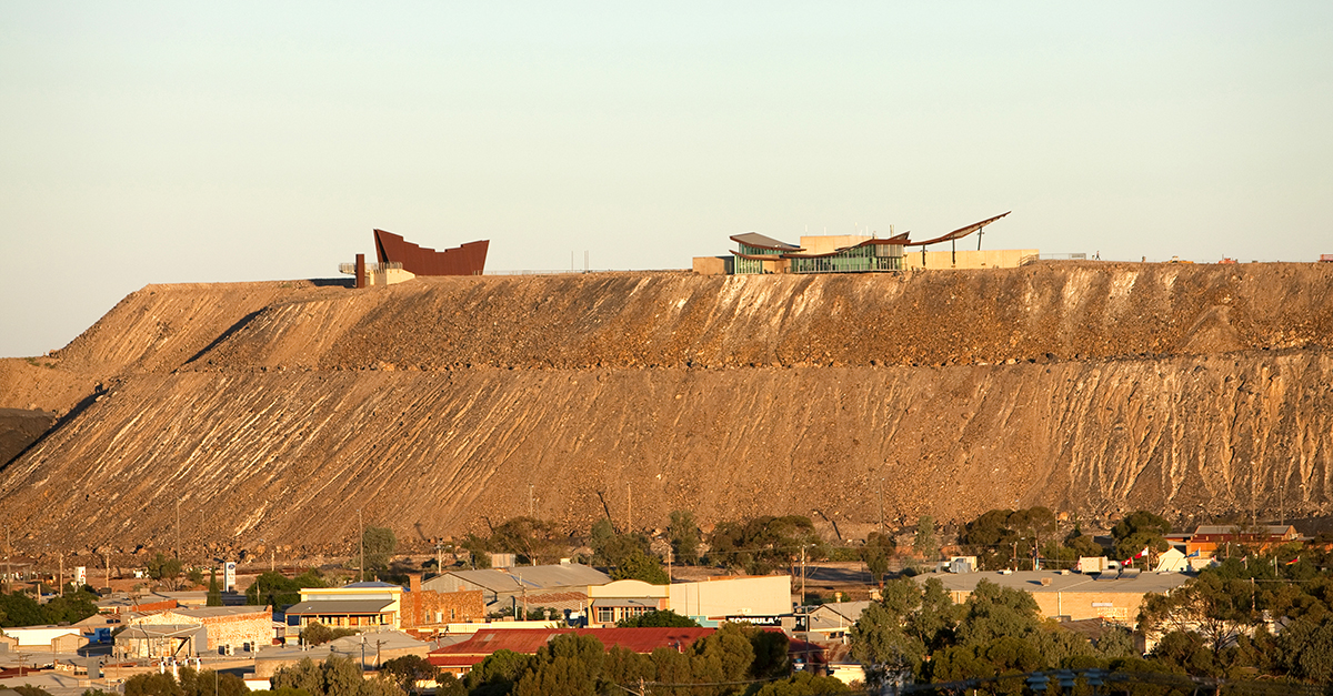 The Miners' Memorial and Broken Earth Cafe sit atop the line of lode in Broken Hill